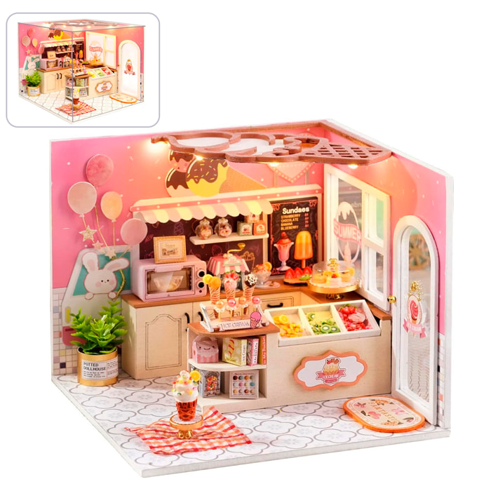Tienda de helados Feliz. Maqueta 3D realista con gran detalle, cubierta antipolvo y luces led.
