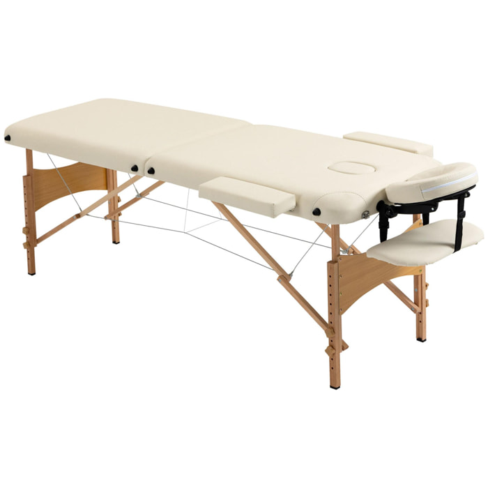 Table de massage pliante lit table de beauté 2 zones portable sac de tranport inclus hauteur réglable dim. 182L x 60l x 61-87H cm bois massif revêtement synthétique crème
