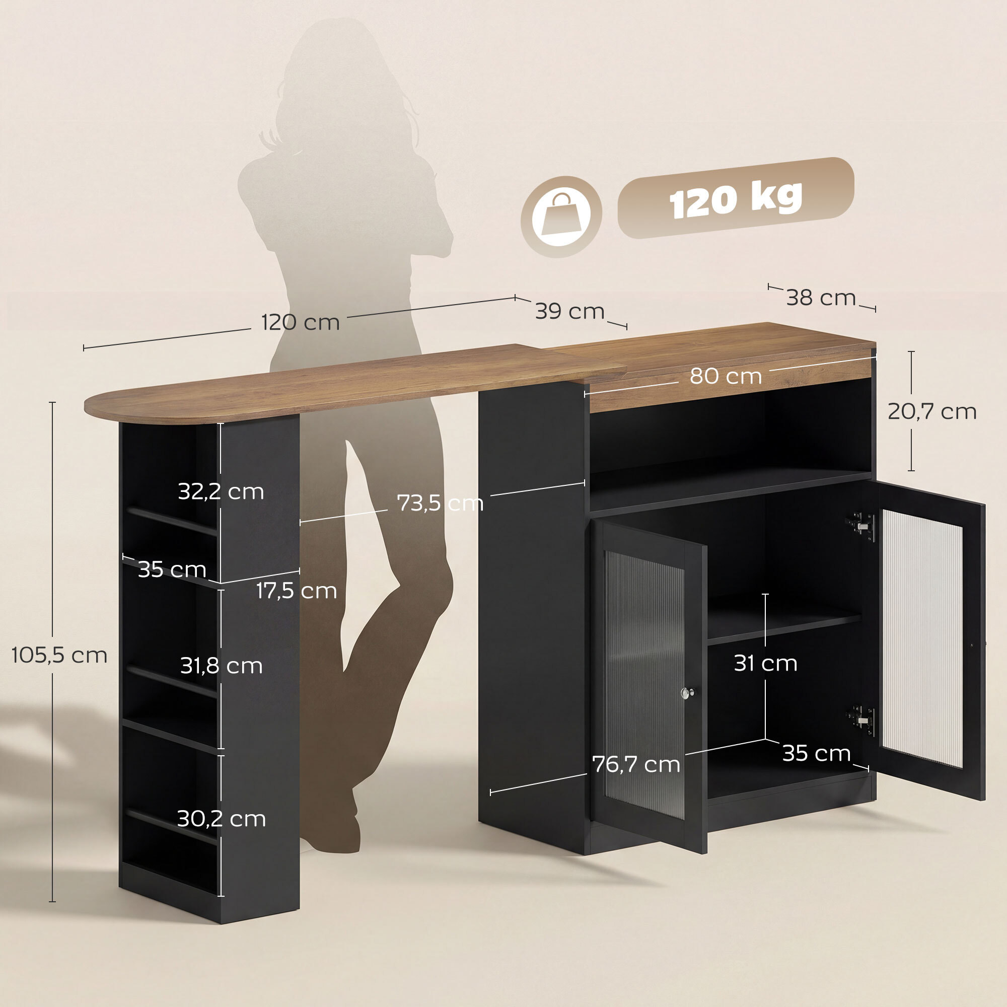 Mesa de Bar Extensible y Giratoria 90°, Mesa Alta Cocina con Estantes Abiertos y 2 Puertas de Vidrio para Comedor, 150x80x105,5 cm, Negro y Natural