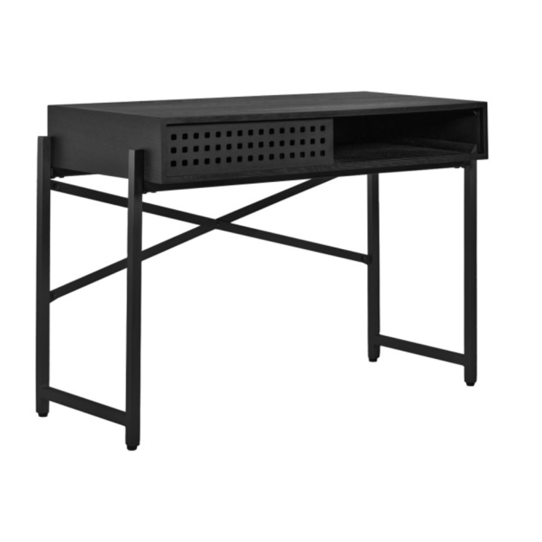 Console avec caisson à porte coulissante ajourée et pieds en métal - Noir - MALIA