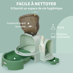 Maison de toilette litière pour chat design capsule spatiale - porte, capot ouvrant, pelle, 2 tiroirs amovibles - vert noir