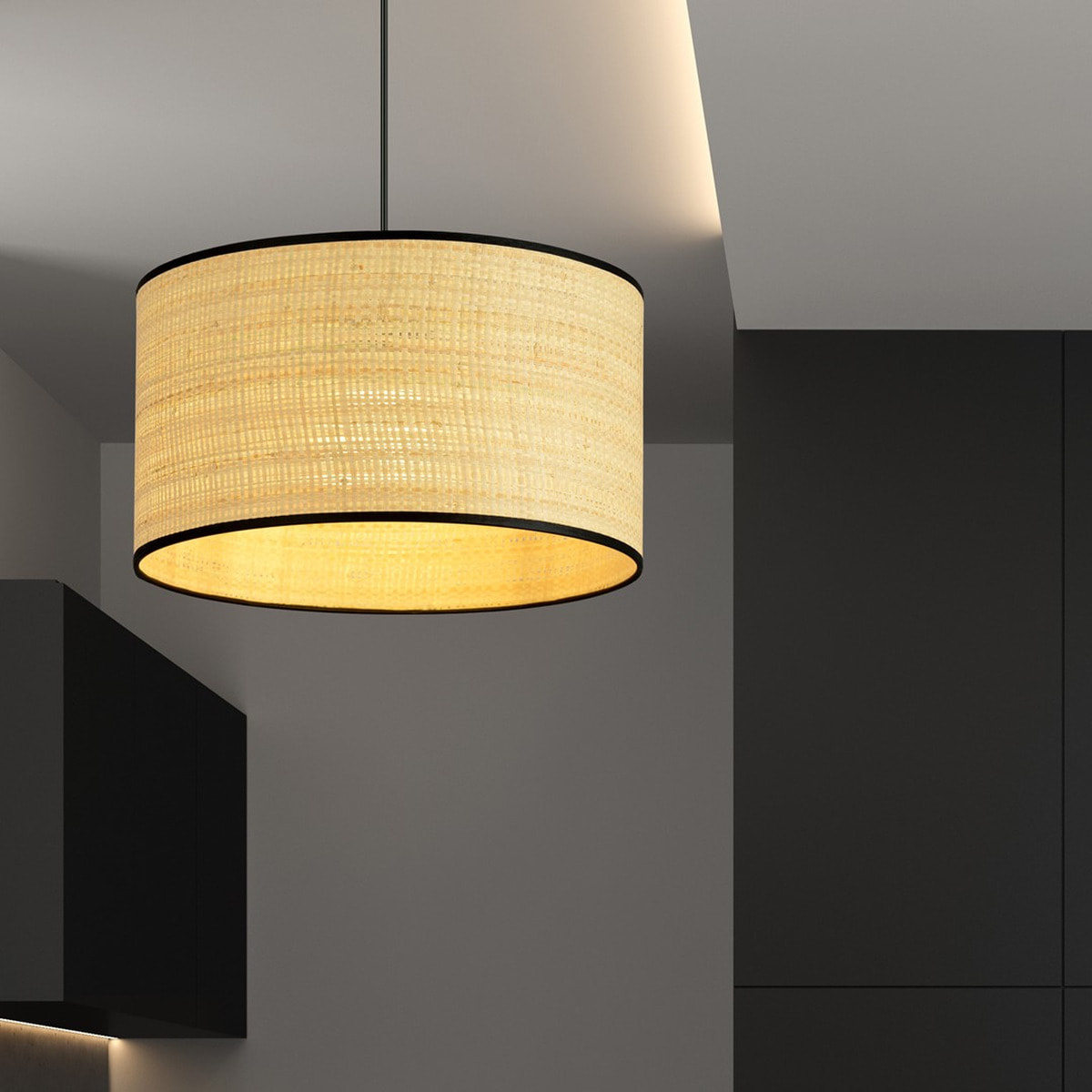 Lampada a sospensione ASTON in rattan naturale e acciaio nero