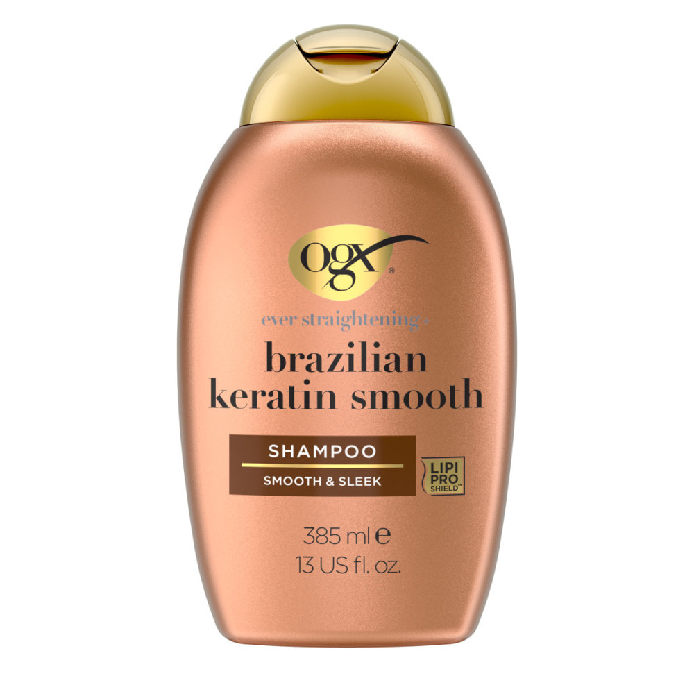 OGX Shampooing Kératine Lissage Brésilien, 385ml – Soin capillaire lissant à la kératine pour des cheveux brillants – Shampoing