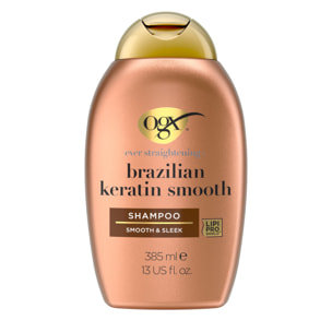 OGX Shampooing Kératine Lissage Brésilien, 385ml – Soin capillaire lissant à la kératine pour des cheveux brillants – Shampoing