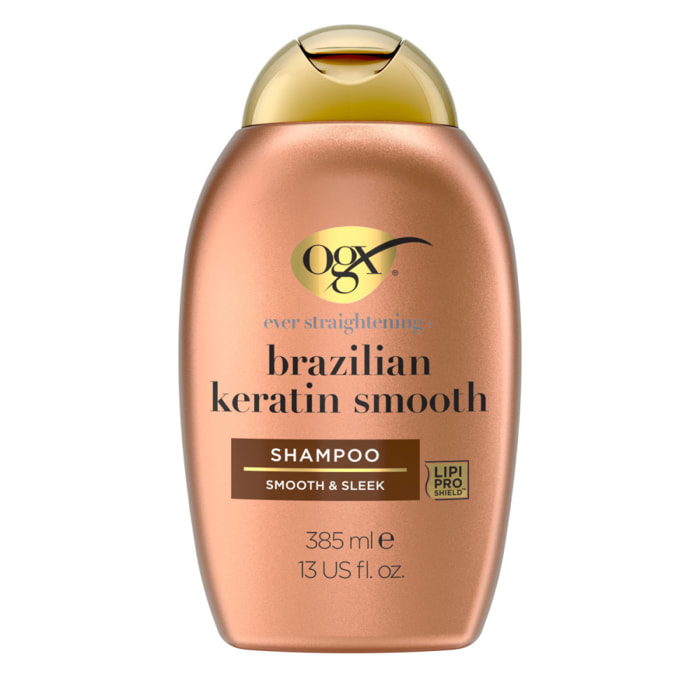OGX Shampooing Kératine Lissage Brésilien, 385ml – Soin capillaire lissant à la kératine pour des cheveux brillants – Shampoing