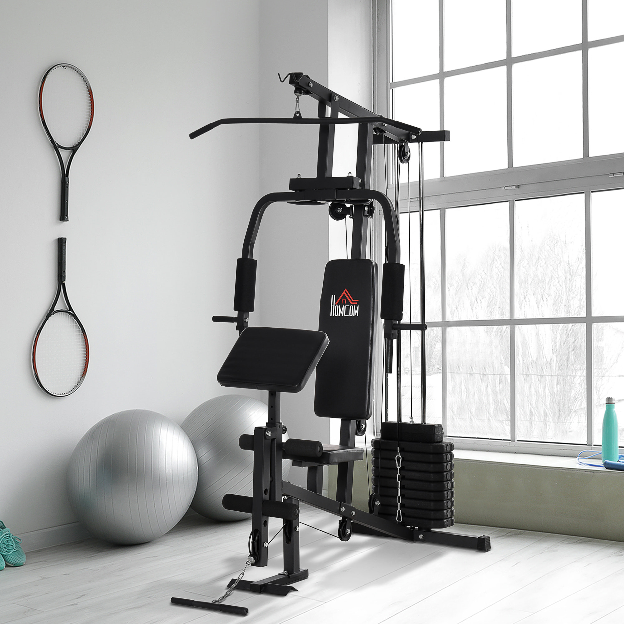 Multiestación Máquina de Musculación con Estribo para Piernas Poleas y Placas de Peso de 45 kg para Entrenamiento Fitness en Hogar Gimnasio 148x108x207 cm Negro