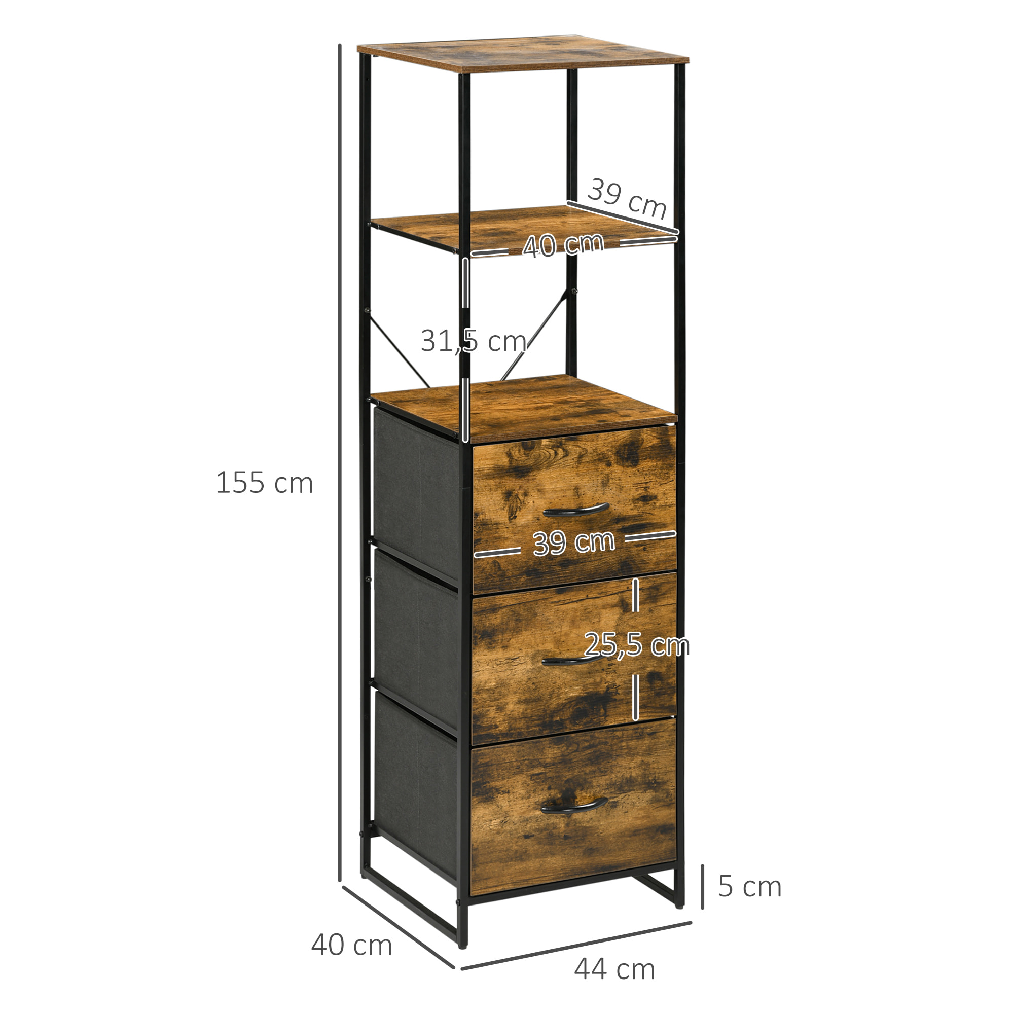 Meuble colonne design industriel - 3 tiroirs, 3 étagères - châssis acier noir MDF aspect bois avec veinage