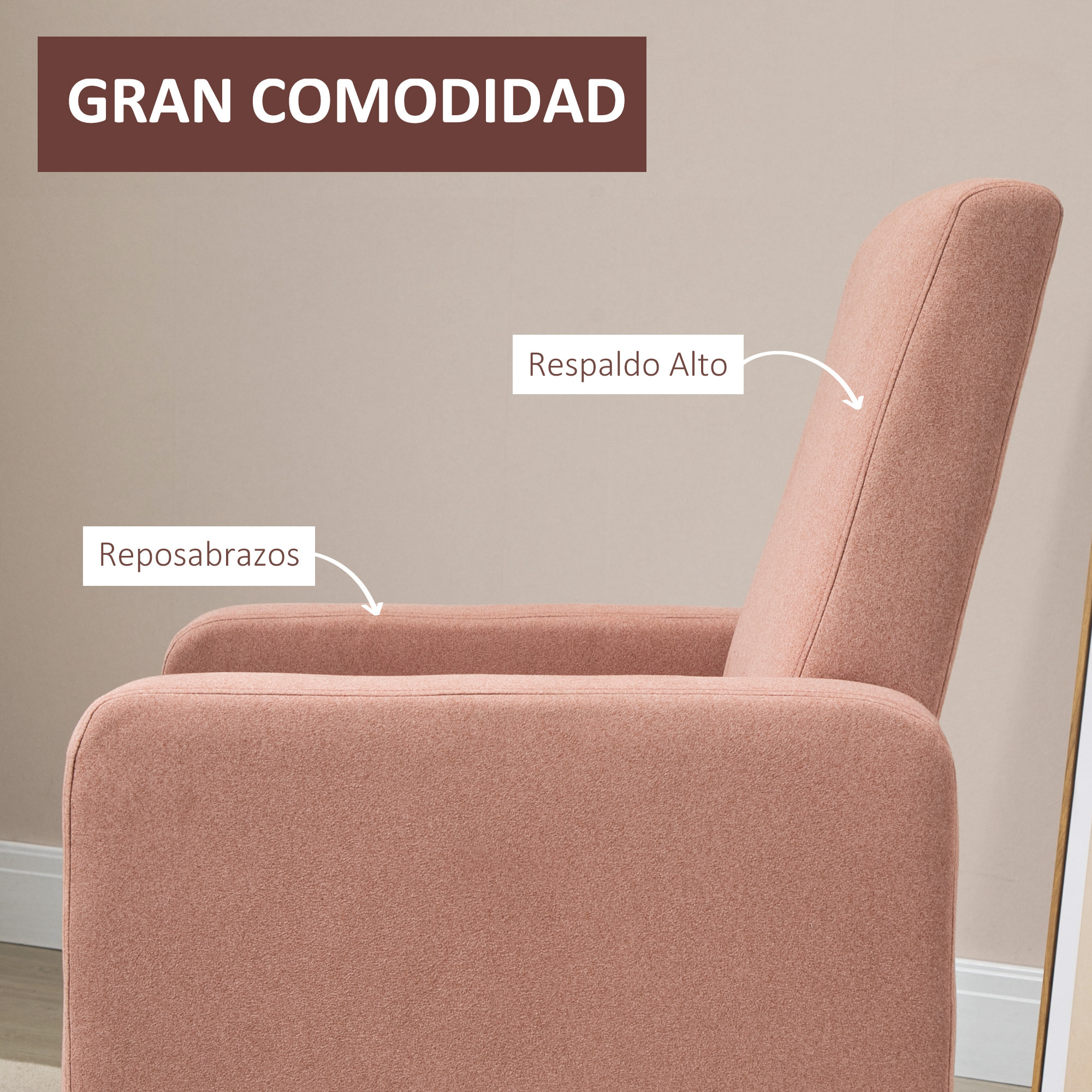 HOMCOM Silla Mecedora Tapizada en Franela Sillón Balancín Relax con Asiento Reposabrazos Acolchados y Pies de Madera de Caucho Ideal Lactancia 72x75x105 cm Rosa