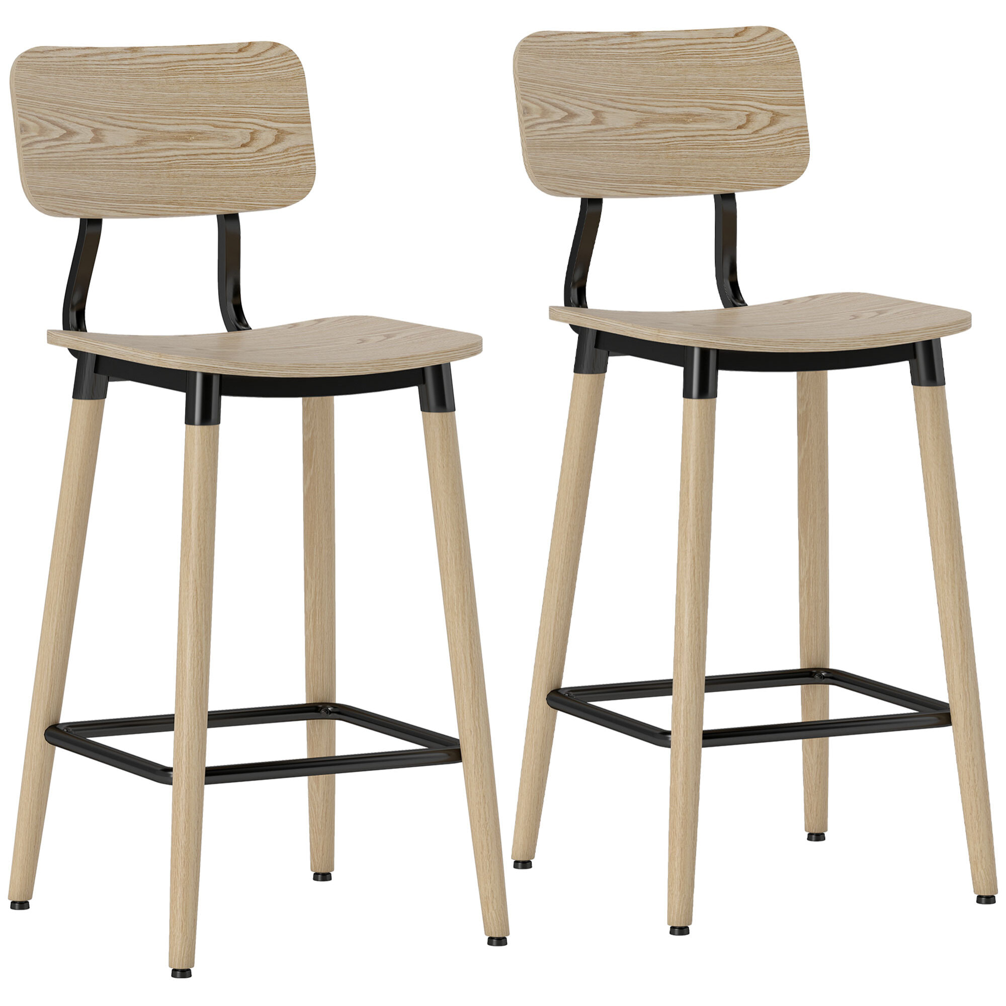 Lot de 2 chaises de bar style nordique néo-rétro piètement acier effilé effet bois