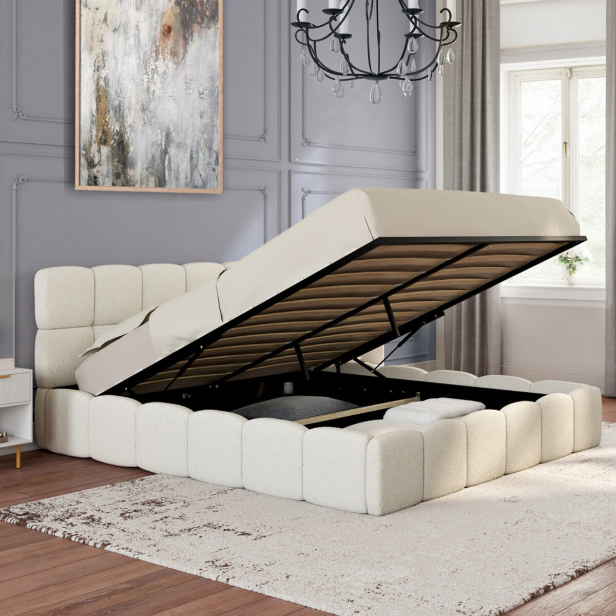 Lit coffre Bubble 160x200cm tissu bouclette