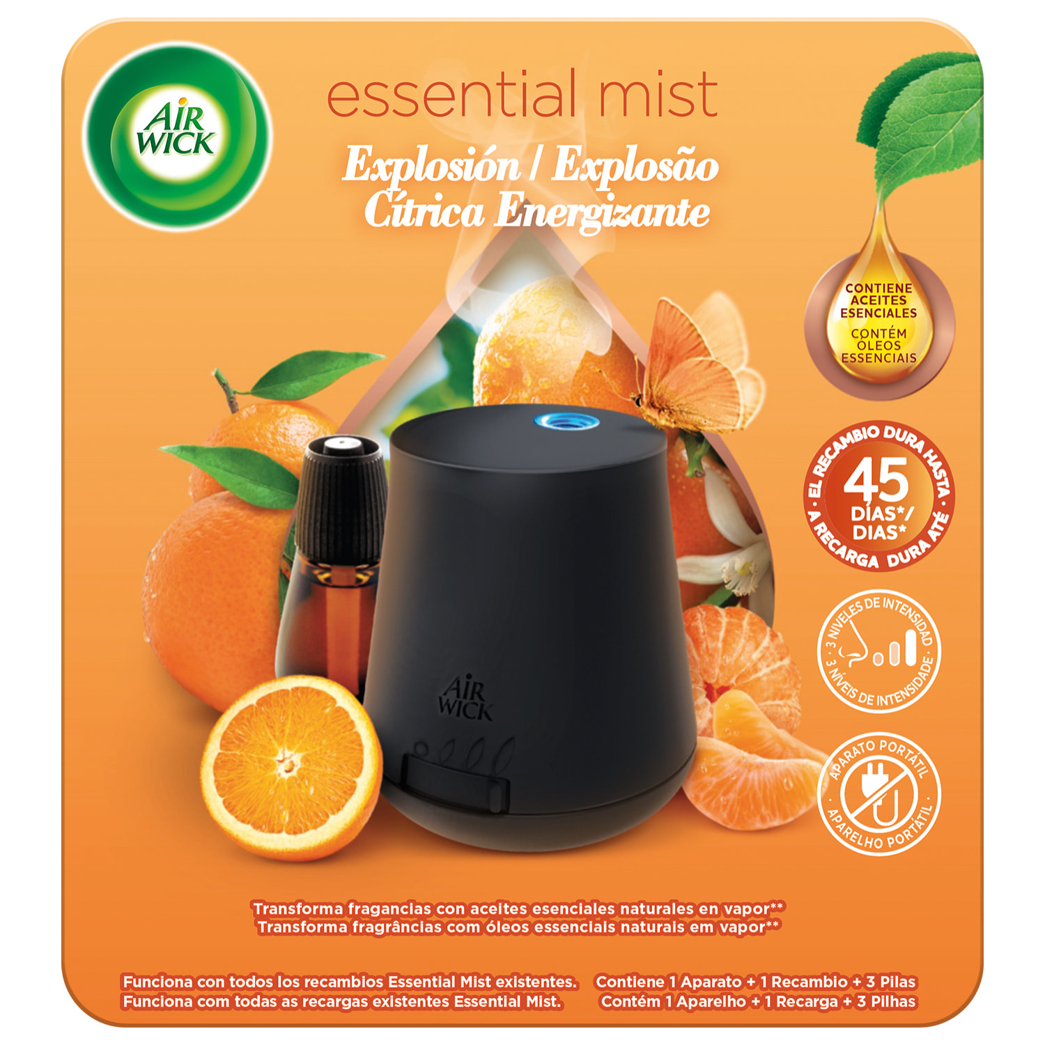 Air Wick Essential Mist - Ambientador difusor aceites esenciales para casa con aroma a Explosión Cítrica Energizante - Aparato y Recambio