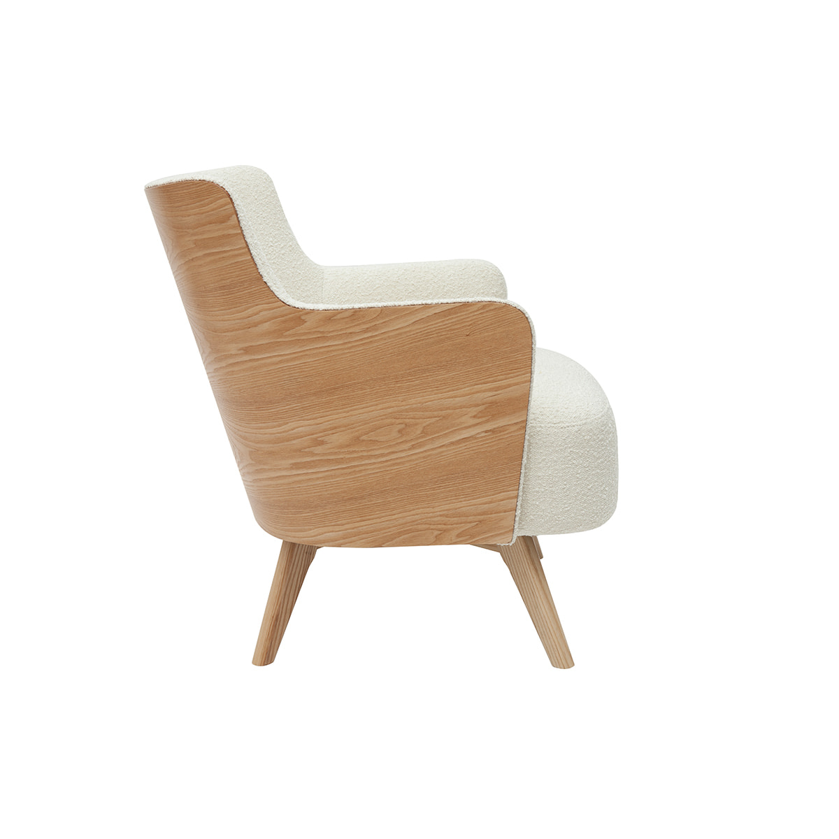 Fauteuil scandinave en tissu effet laine bouclée blanc cassé et bois clair VALMY