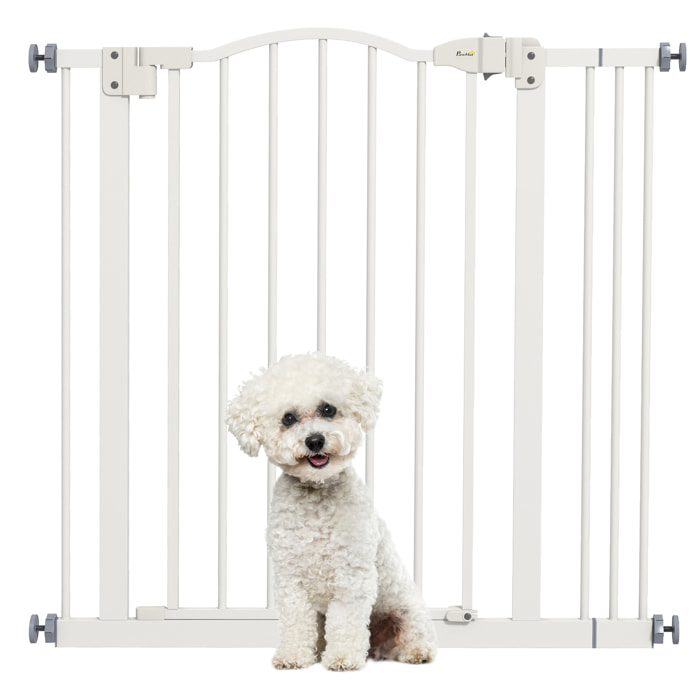 Barrera de Seguridad para Perros Extensible 74-87 cm para Puertas y Escaleras Puerta de Seguridad para Mascotas con Montaje a Presión y Doble Bloqueo Blanco