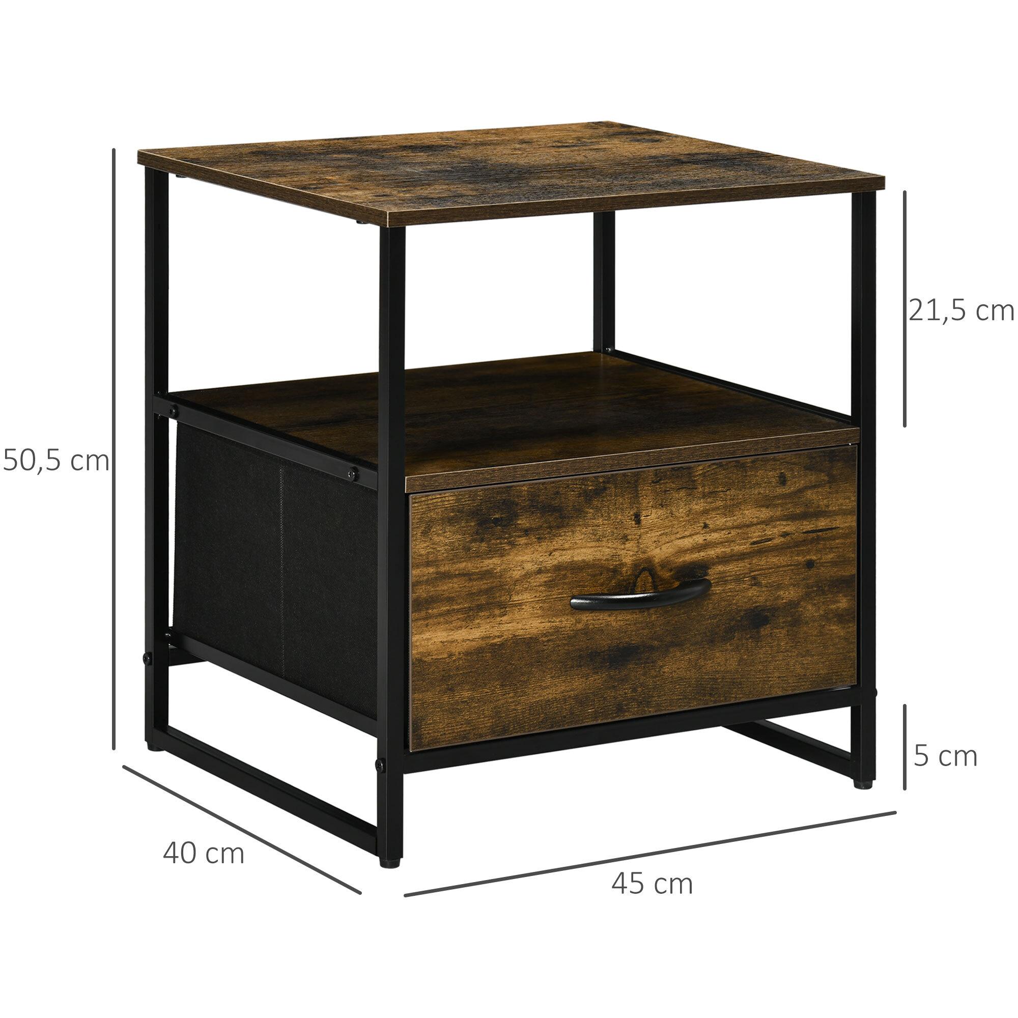 HOMCOM Mesita de Noche con 1 Cajón de Tela Plegable y Estante Abierto Mesa Auxiliar para Oficina Salón Dormitorio Estilo Industrial Antivuelco 45x40x50,5 cm Marrón Rústico