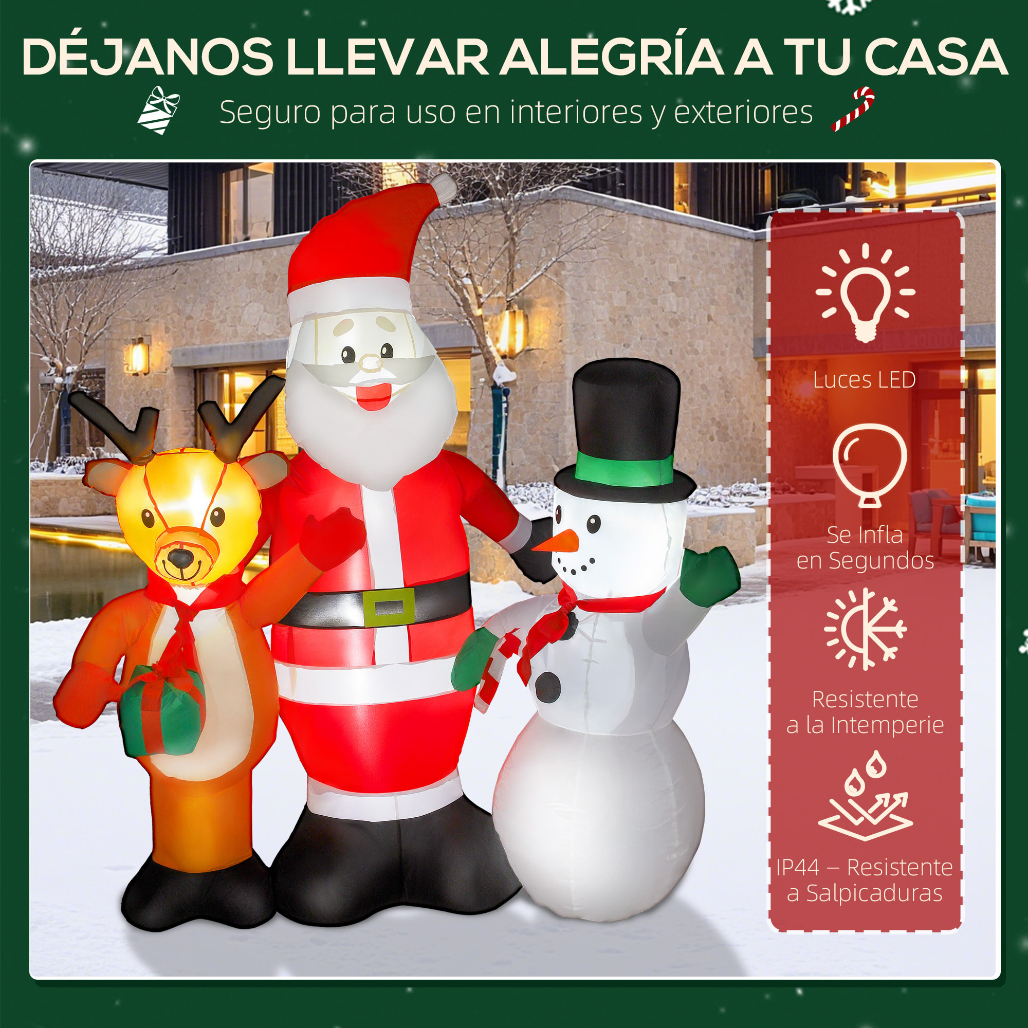 Papá Noel Inflable 150 cm con Reno y Muñeco de Nieve Decoración de Navidad Inflable con Luces LED Inflador Eléctrico para Exterior Jardín Césped