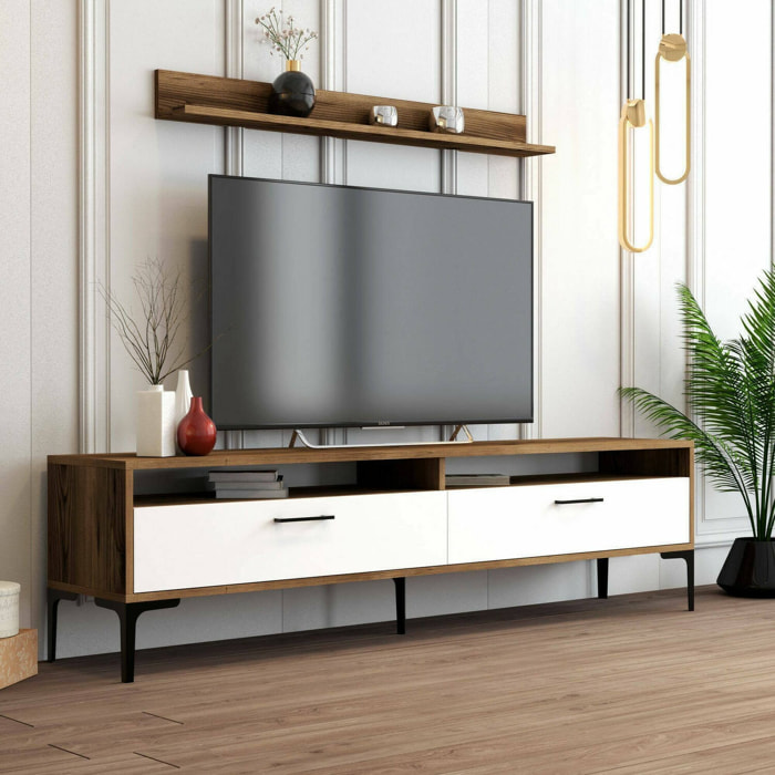 Parete attrezzata Oho, Composizione soggiorno, Mobile salotto multiuso, Armadio porta TV, 180x35h47 cm, Noce e Bianco