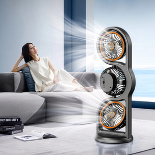 Ventilador de sobremesa F17. Con 3 ventiladores independientes, 5 velocidades por unidad y giro 360° vertical y horizontal. Incluye iluminación con 3 niveles de intensidad.