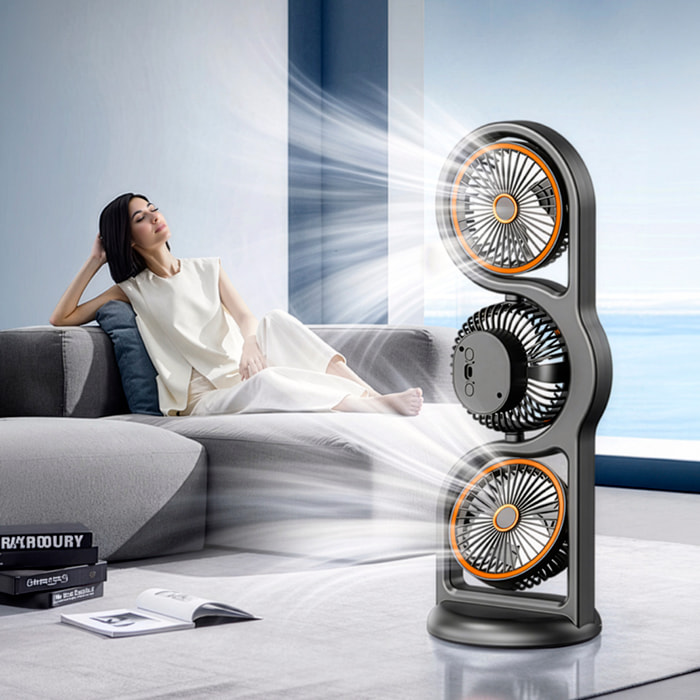 Ventilador de sobremesa F17. Con 3 ventiladores independientes, 5 velocidades por unidad y giro 360° vertical y horizontal. Incluye iluminación con 3 niveles de intensidad.