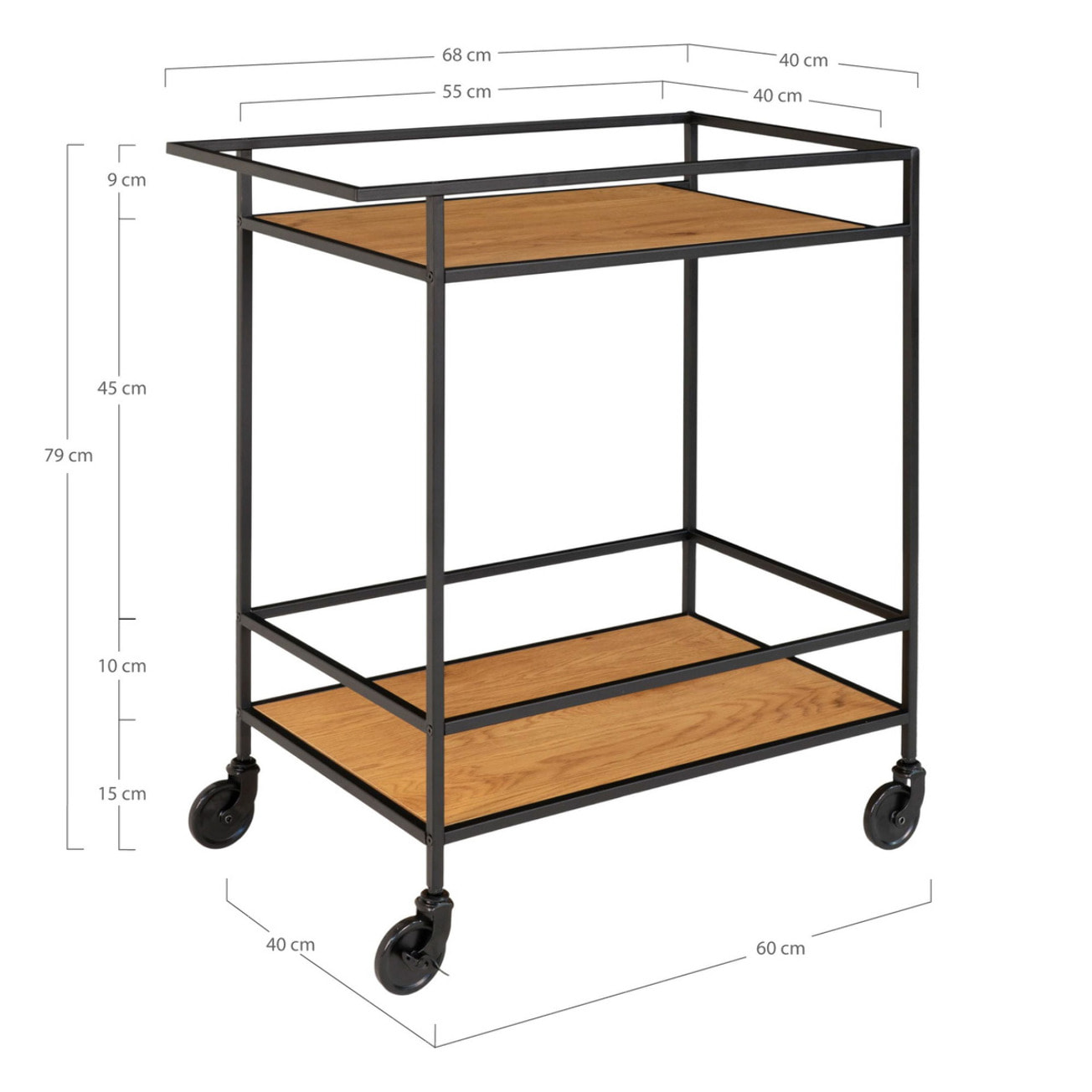 Carrello bar Vita a 2 ripiani effetto rovere con struttura in acciaio nero, 68×40×79 cm