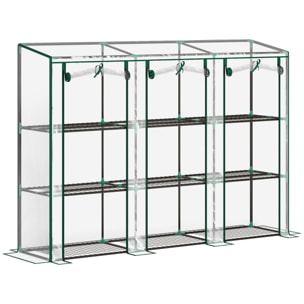 Serre de jardin balcon avec étagères métalliques 3 niveaux 3 portes acier noir PVC transparent