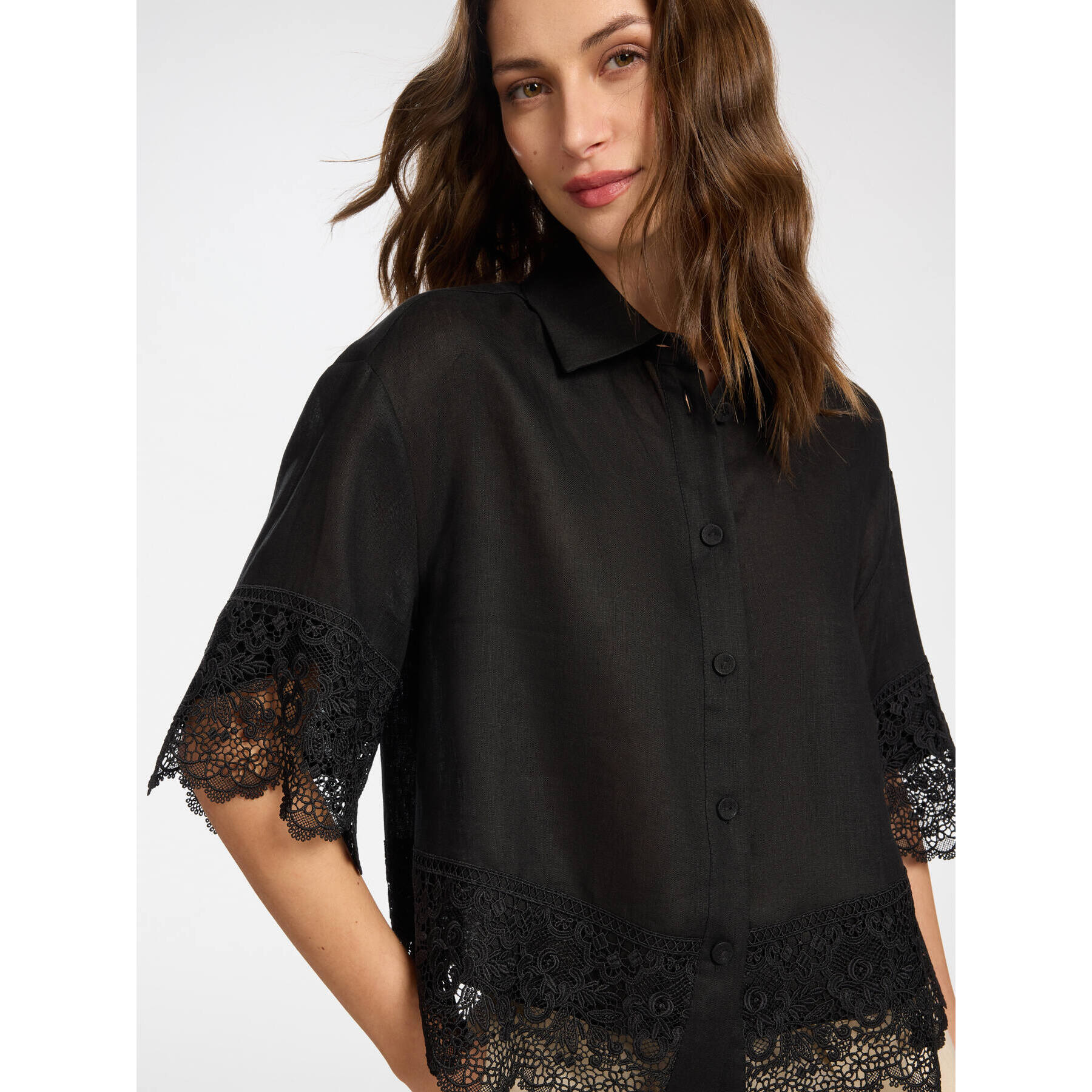 Elena Mirò - Camisa de lino con encaje - Negro