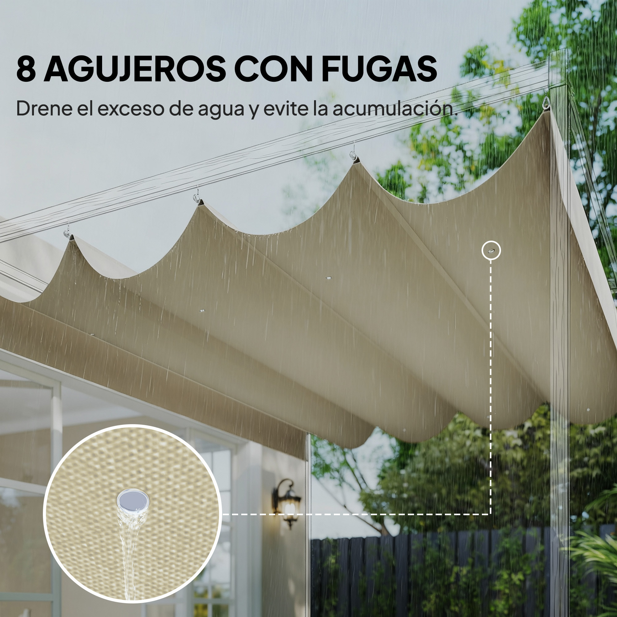 Techo de Pérgola 4 x 3,5 m, Techo de Repuesto Retráctil para Marco de Pérgola de 4x3 m, UV30+, Toldo de Tela Solo para Cenador Jardín con 8 Orificios de Drenaje, Blanco Crema