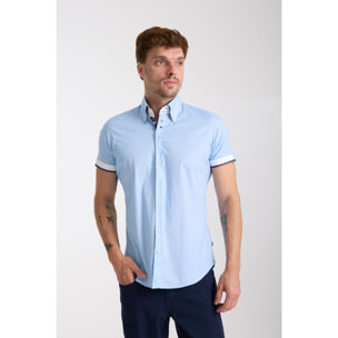 Camicia Uomo Manica Corta 2 Bottoni Button Down 7 Botto Popeline Stretch Stampato Celeste/Bianco