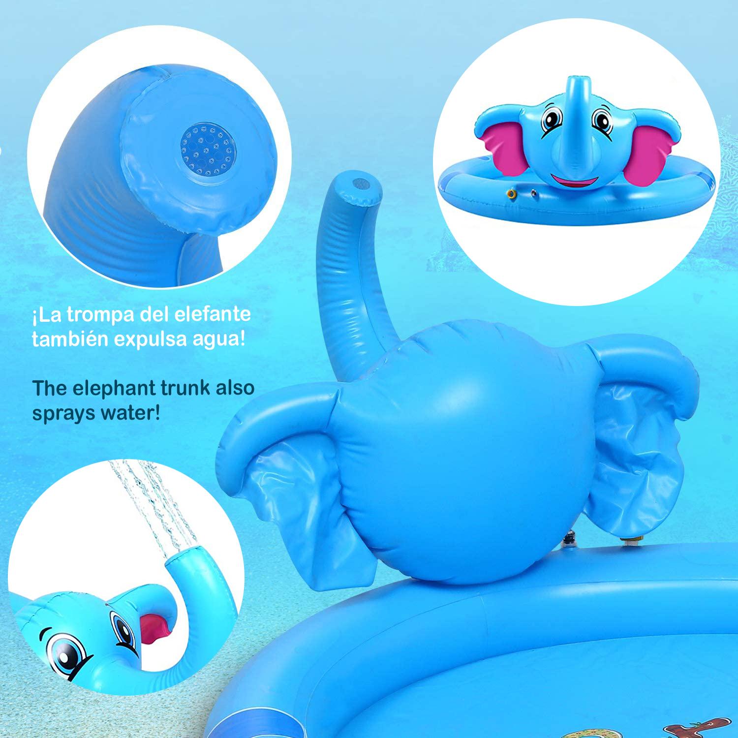 Paraspruzzi. Giocattolo gonfiabile e irrigatore d'acqua, gioco divertente per i bambini. 200 cm. Design elefante con proboscide sprinkler.