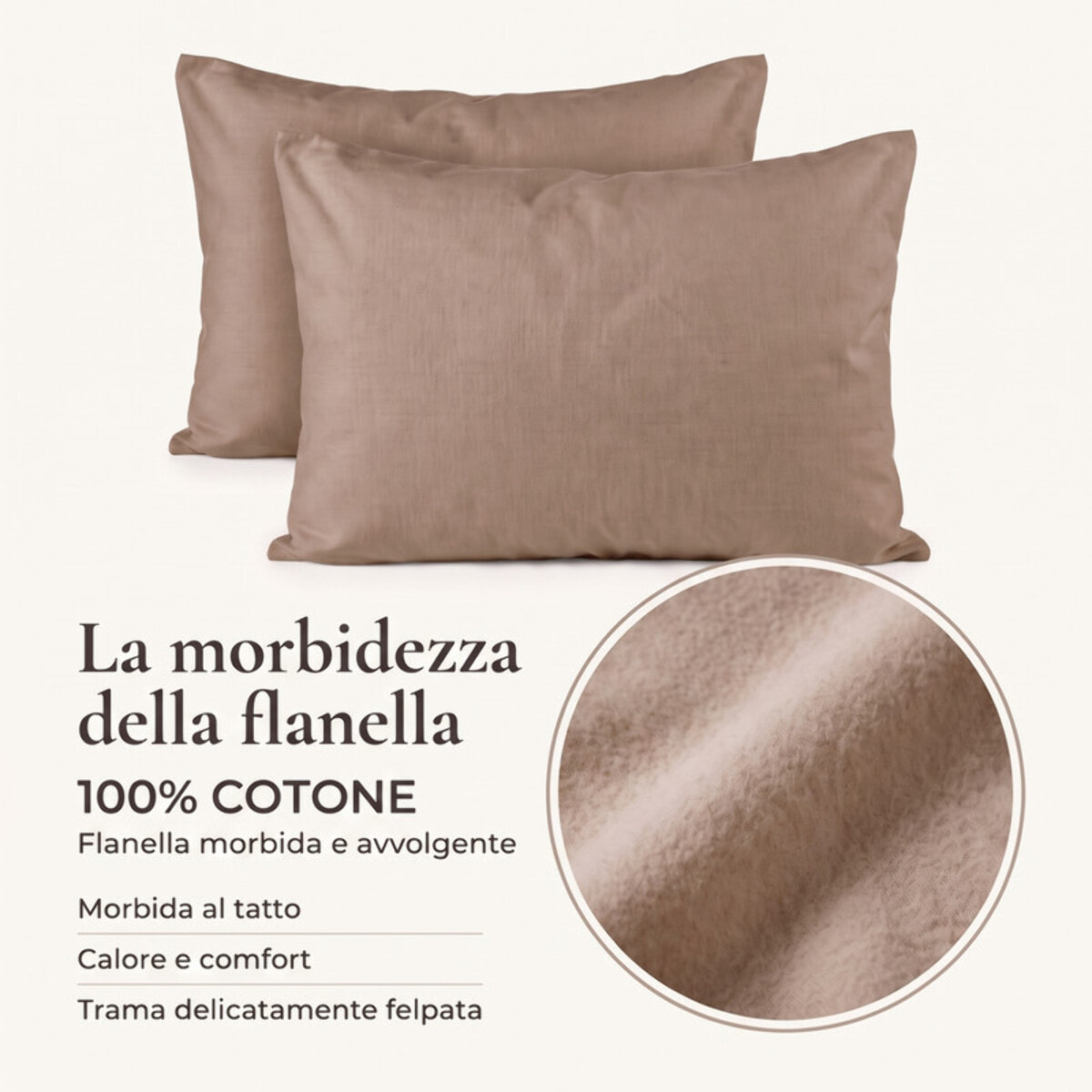 Coppia di federe in flanella 100% cotone - Tortora