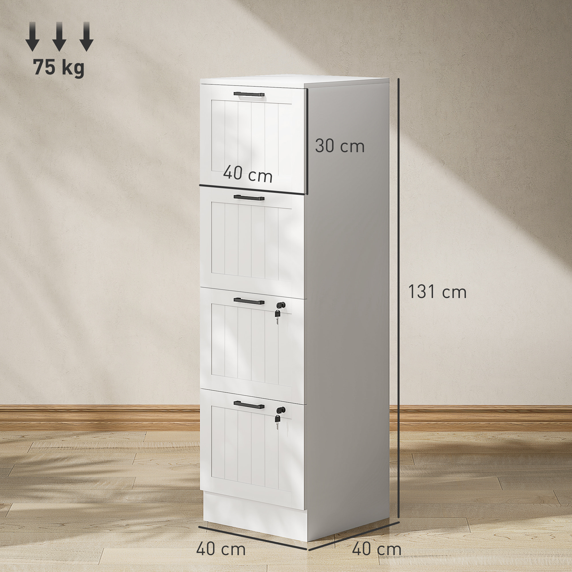 Cajonera Escritorio con 4 Cajones, Cajonera de Oficina, Mueble Archivador, con 2 Cerraduras, Riel Colgante para A4 y Carta, 40x40x131 cm, Blanco