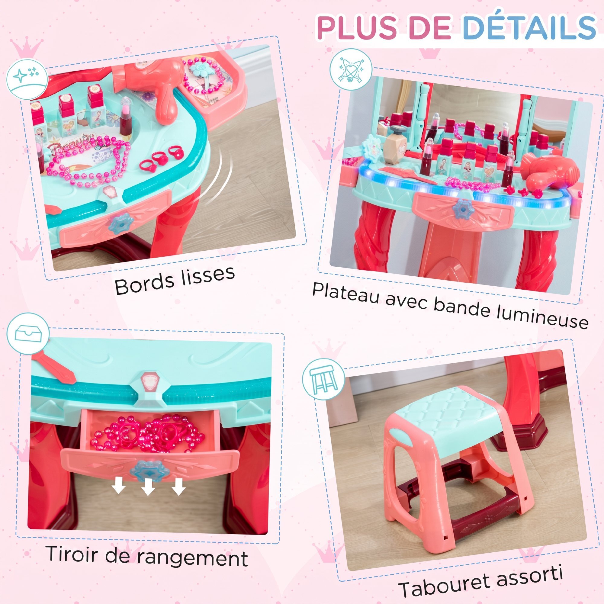 Coiffeuse enfant miroir triptyque avec tabouret effets sons lumières