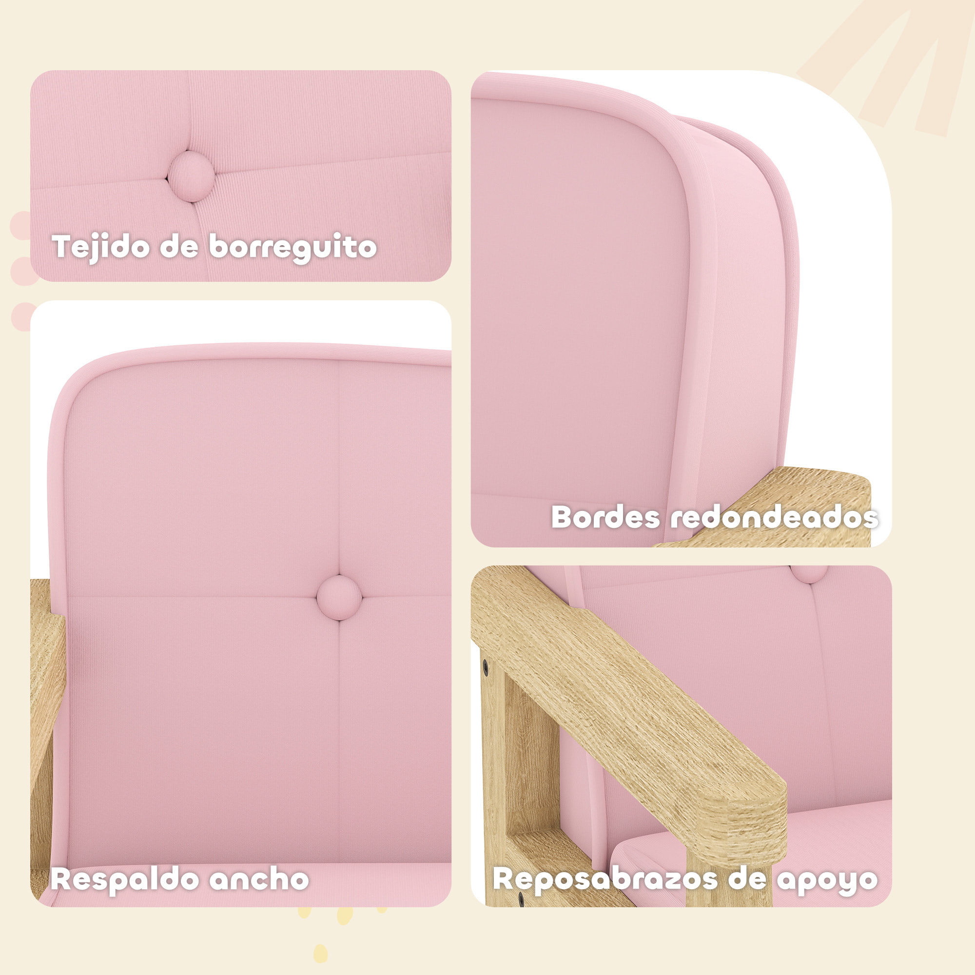 Sillón Infantil, Sofá para Niños de +3 Años, con Tejido Suave de Pana, Estructura de Madera, Asiento y Respaldo Acolchado, Reposabrazos, Carga 45 kg, 46,5x44x45 cm, Rosa