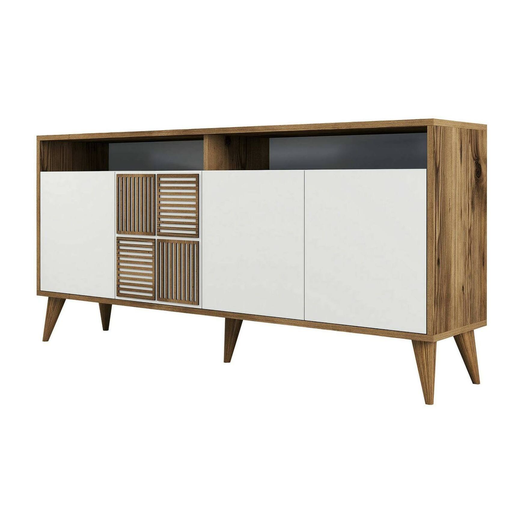 Consolle Garigliano, Credenza da soggiorno, Armadio basso per TV, Base parete attrezzata, 160x35 h79 cm, Noce e Bianco