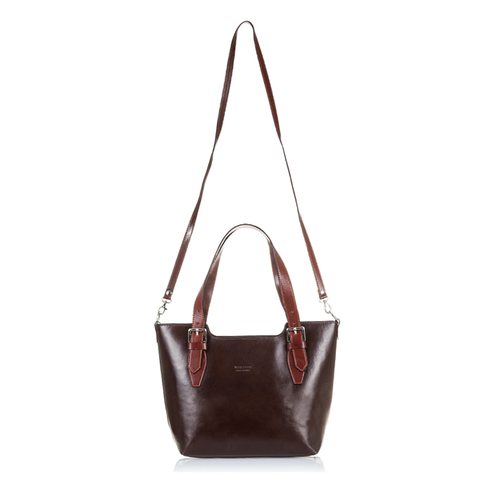 FIRENZE ARTEGIANI Borsa Tote da Donna Arezzo. Vera Pelle Tamponato Made in Italy 37x10x25 Cm. Colore: marrone scuro