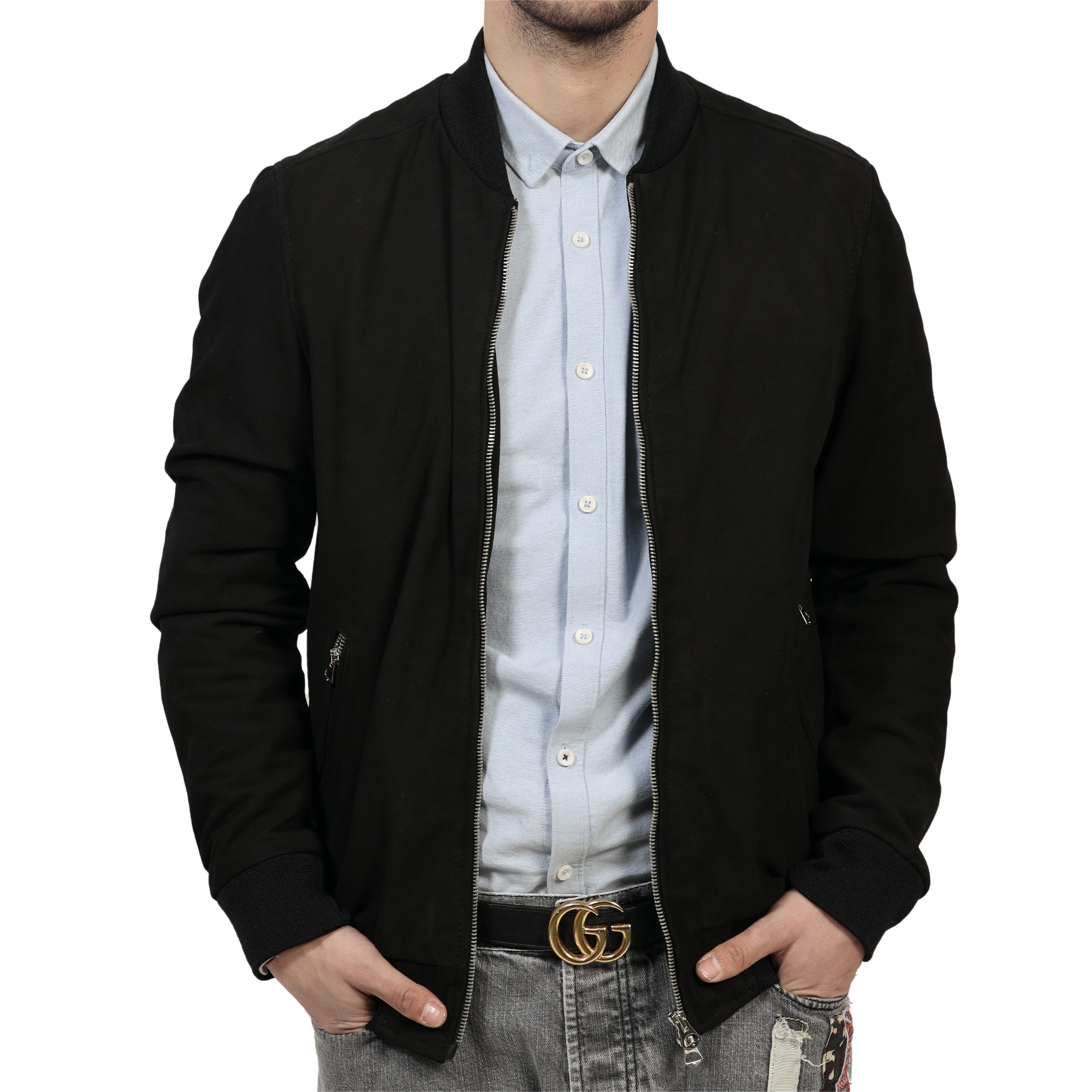 Giubbino in vera pelle di vitello scamosciata Nero-Slim Fit