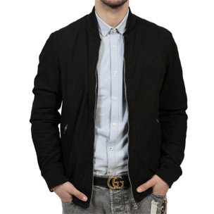 Giubbino in vera pelle di vitello scamosciata Nero-Slim Fit