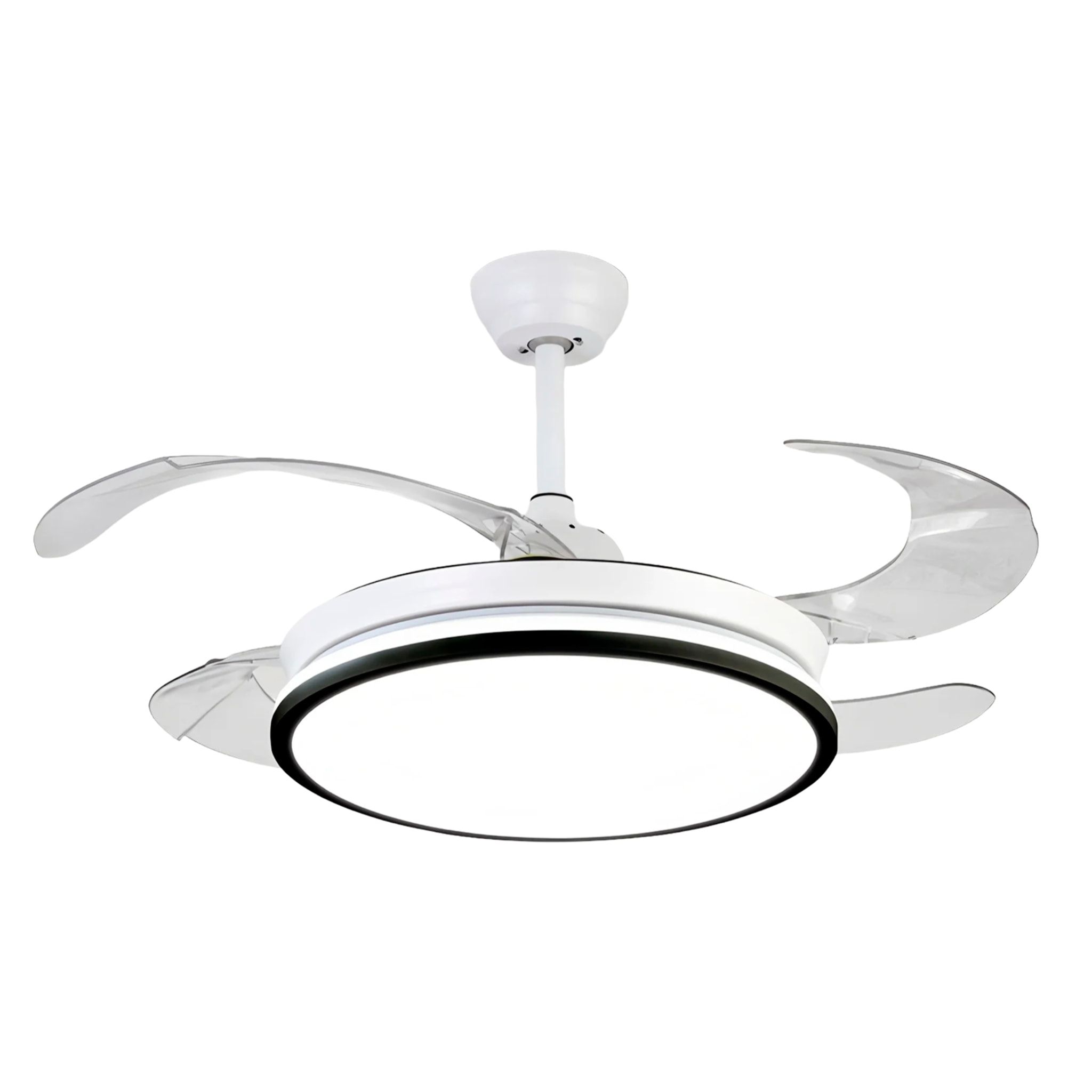 Ventilatore da soffitto 780x7120 cm, pale retrattili, motore DC da 36W, luce LED dimmerabile da 60W, 6 velocità e modalità inverno/estate. Controllabile tramite telecomando o app per dispositivi mobili.