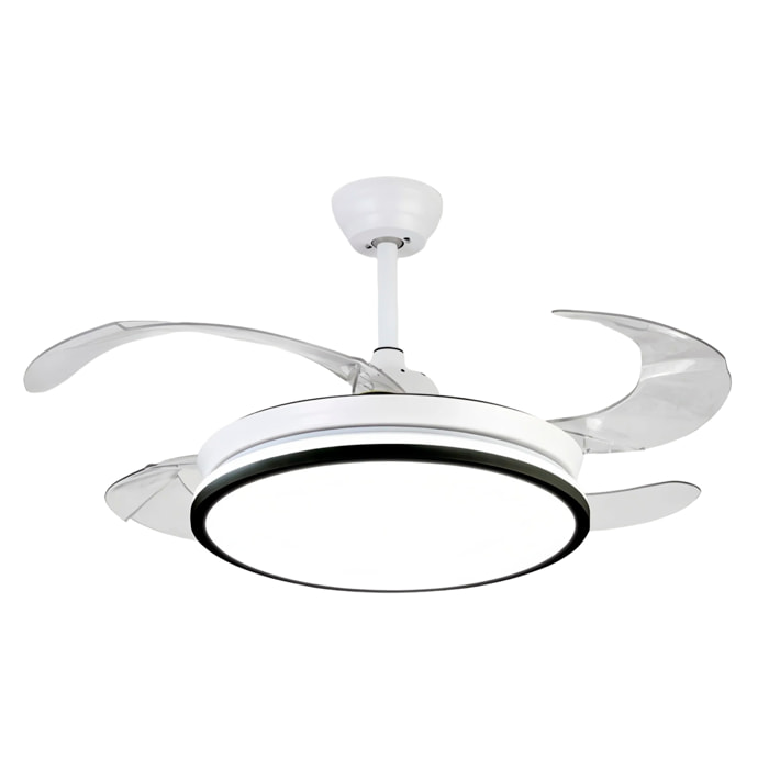 Ventilatore da soffitto 780x7120 cm, pale retrattili, motore DC da 36W, luce LED dimmerabile da 60W, 6 velocità e modalità inverno/estate. Controllabile tramite telecomando o app per dispositivi mobili.