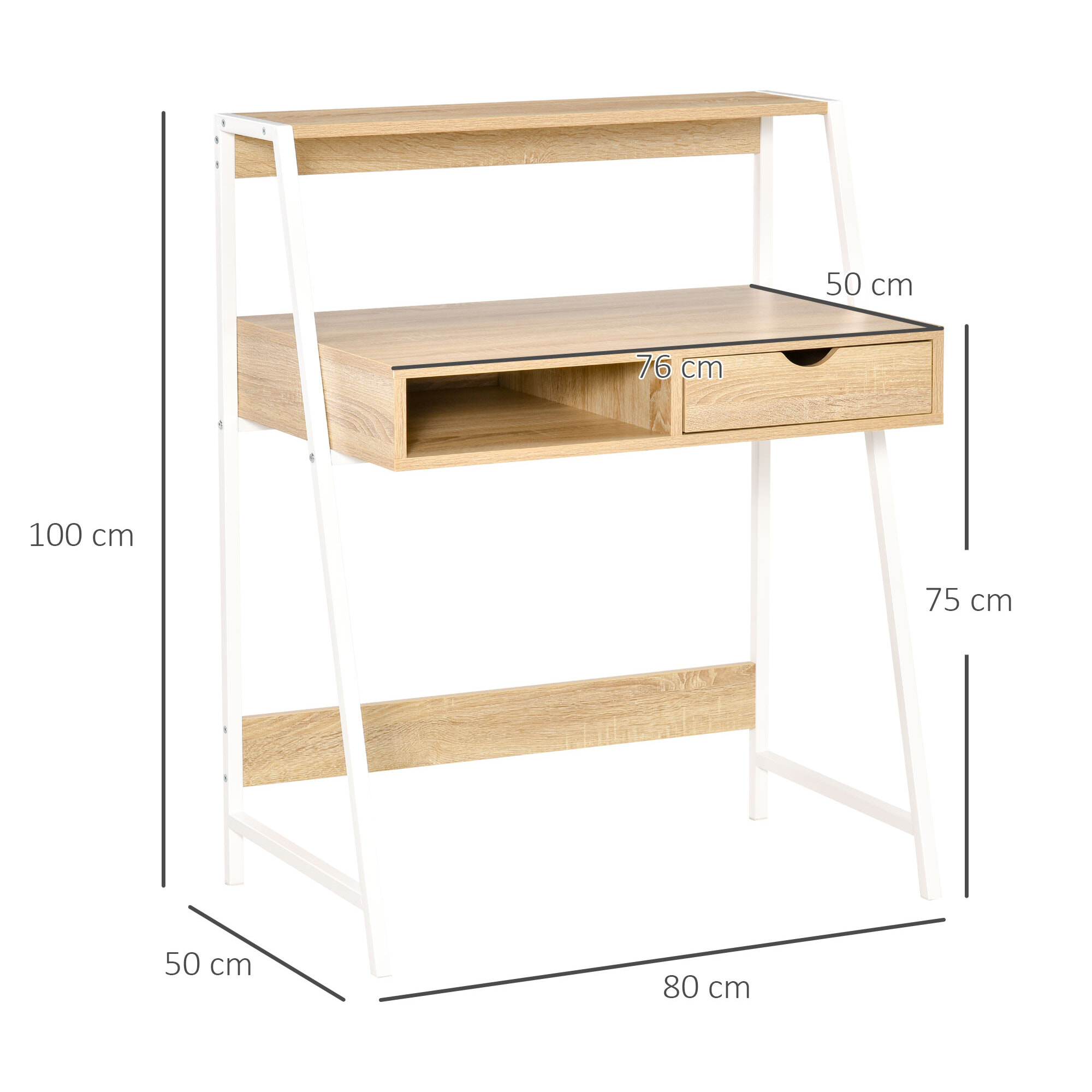 Bureau secrétaire bureau informatique style néo-rétro tiroir niche étagère métal blanc aspect chêne clair