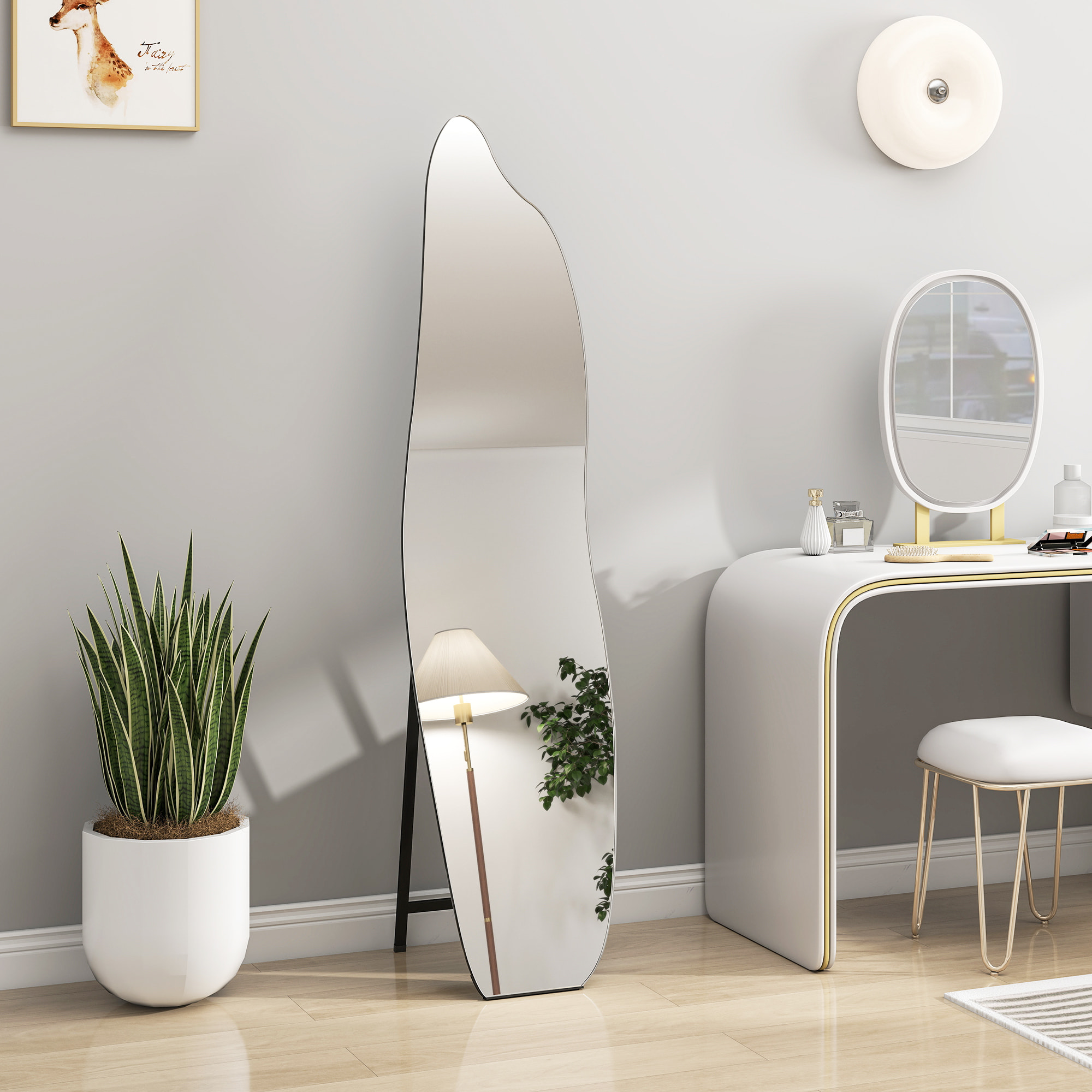 Espejo de Pie Cuerpo Entero 160x40 cm sin Marco, Espejo de Pie Forma Irregular con Soporte Metálico, Montaje en el Suelo o Apoyado contra la Pared, para Salón, Entrada y Dormitorio, Negro