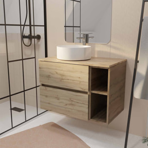 Meuble de salle de bains 80cm TIMBER Décor Chêne 2 Tiroirs et Module - Plan et Vasque Blanche
