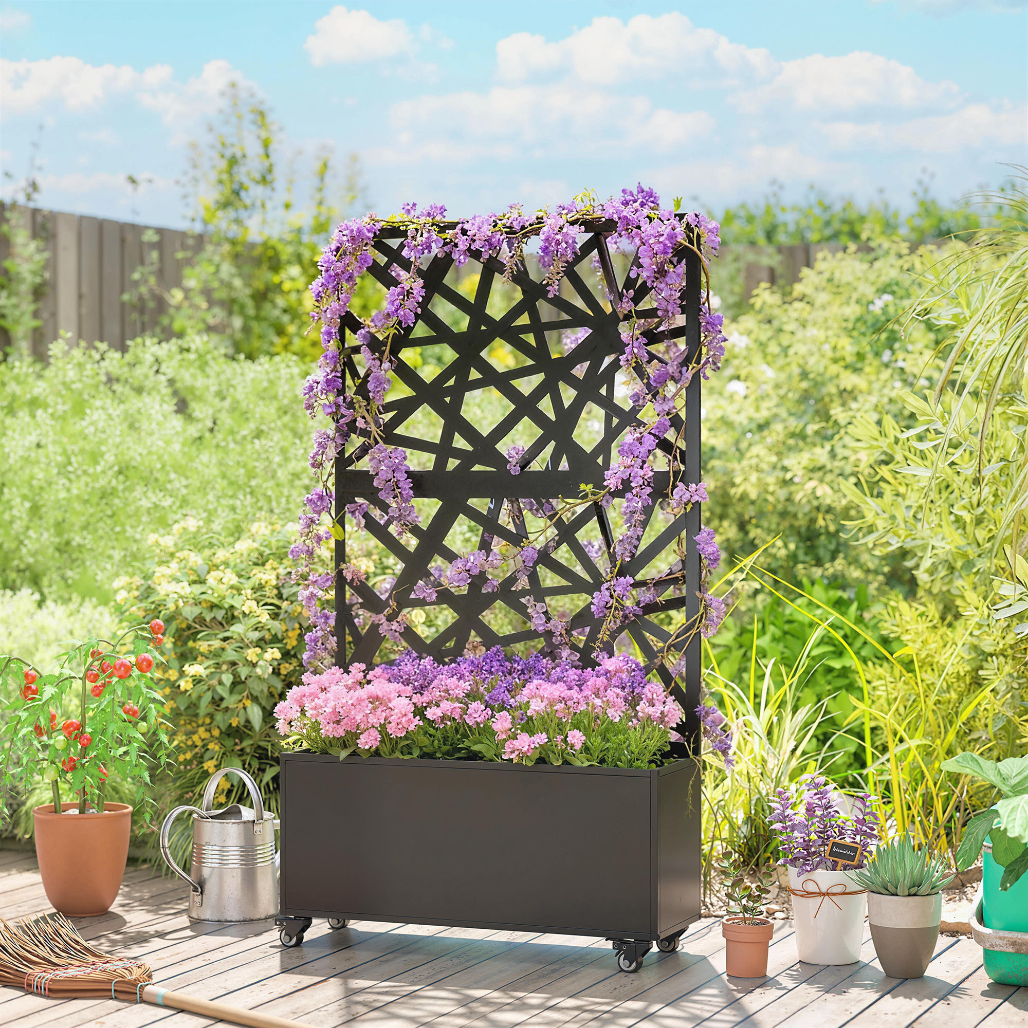 Jardinière treillis haut mobile design graphique métal thermolaqué noir