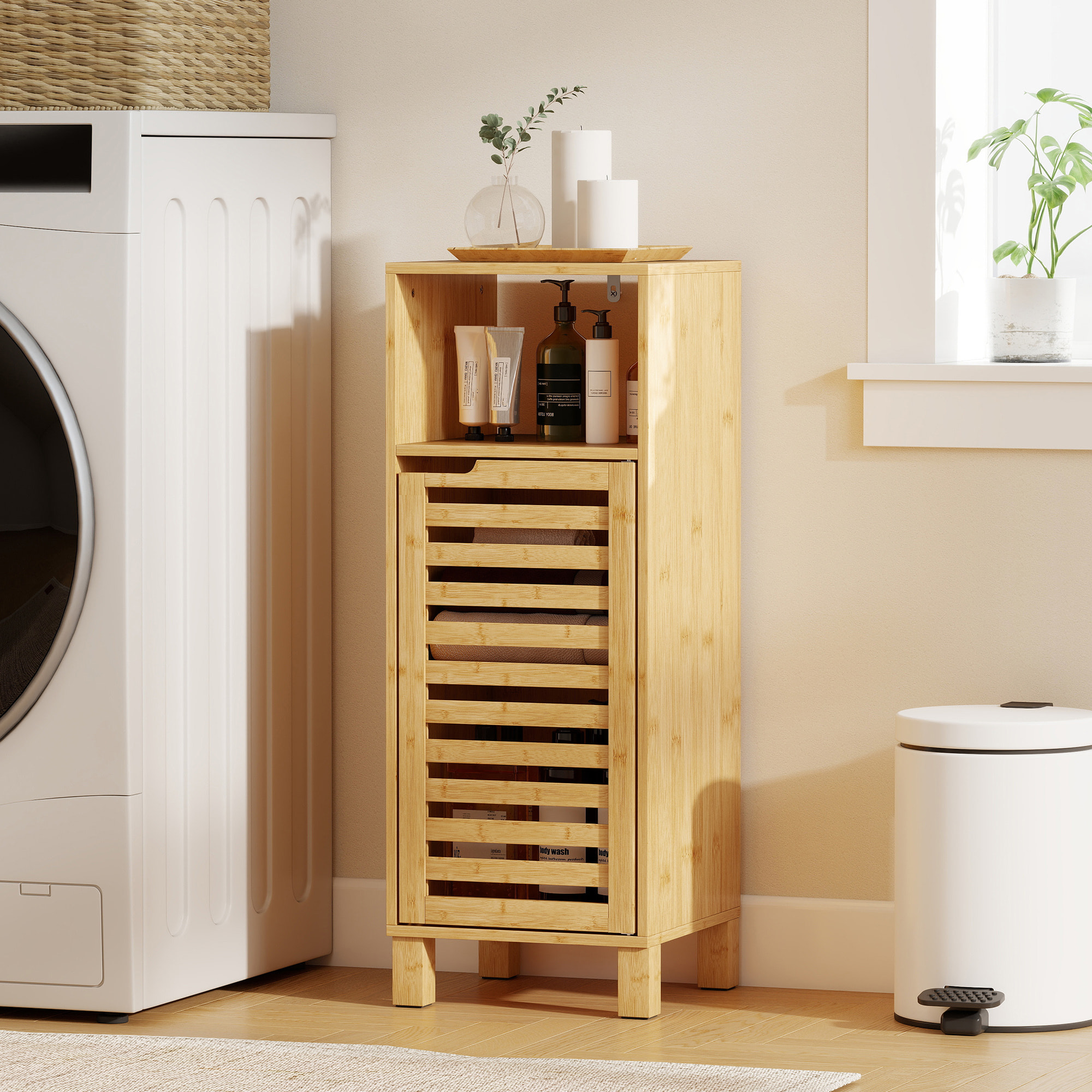 Armario de Baño de Bambú, Columna de Baño Estrecha con Estante Abierto, Puerta de Lamas, Estante Ajustable, 30x30x80 cm, Natural