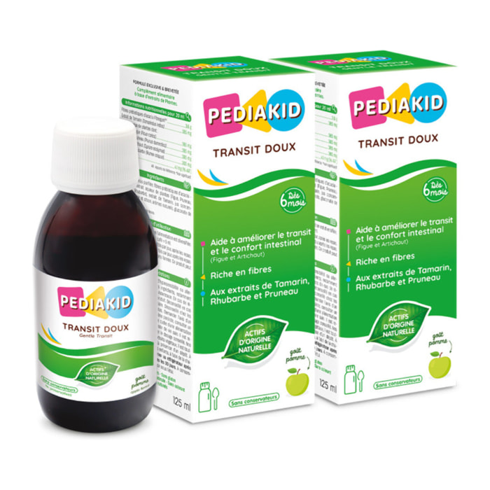 PEDIAKID - Sirop Transit Doux - Complément Alimentaire Naturel - Formule Exclusive au Sirop d'Agave - Contribue à Réguler le Transit en Douceur - Arôme Naturel de Pomme - Lot de 2 Flacons de 125 ml