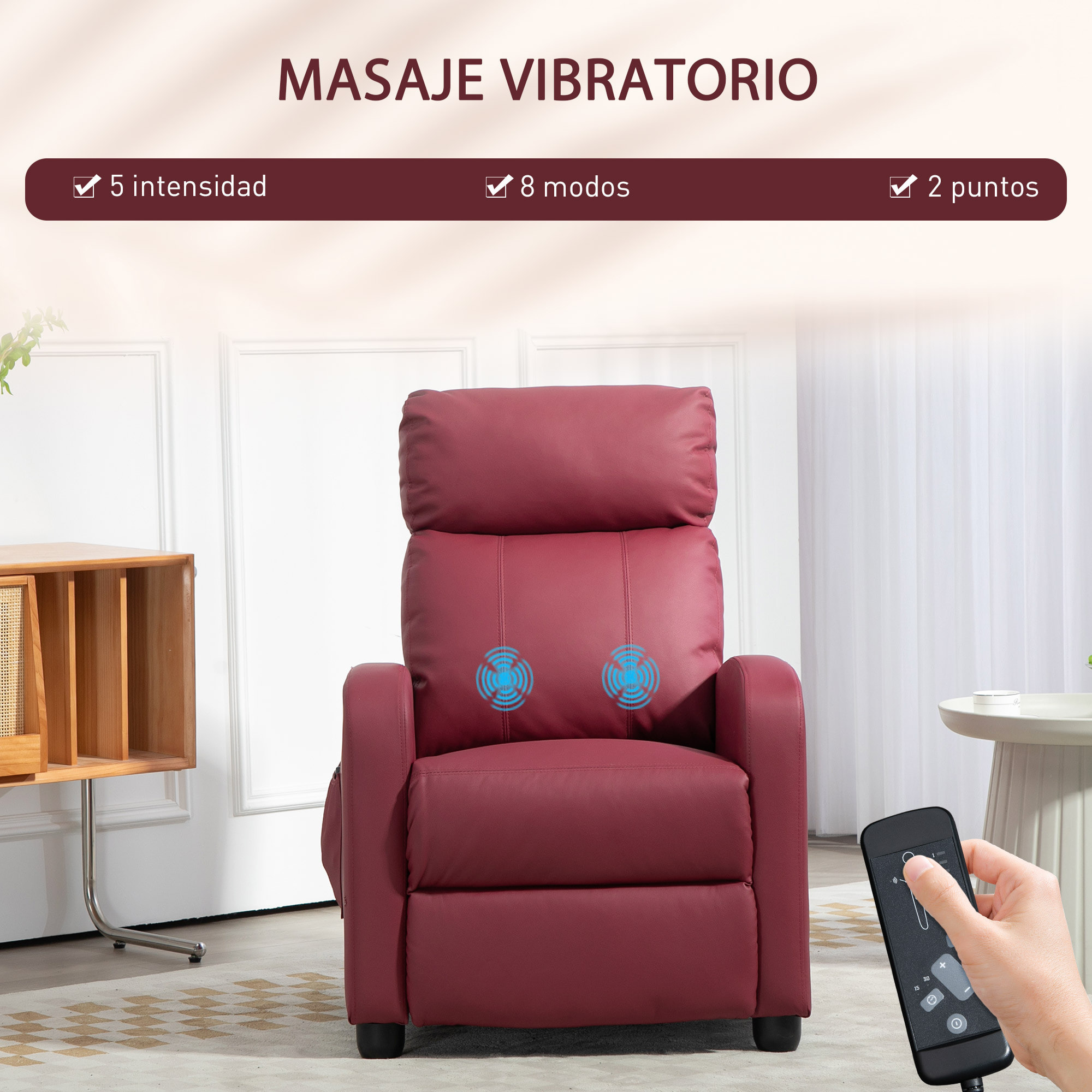 Sillón de Masaje, Sillón Relax Reclinable con Mando a Distancia, 2 Zonas de Masaje, 8 Programas, 5 Niveles de Intensidad, Bolsillo Lateral y Temporizador Tapizado en PU 68x88x98 cm Rojo Burdeos