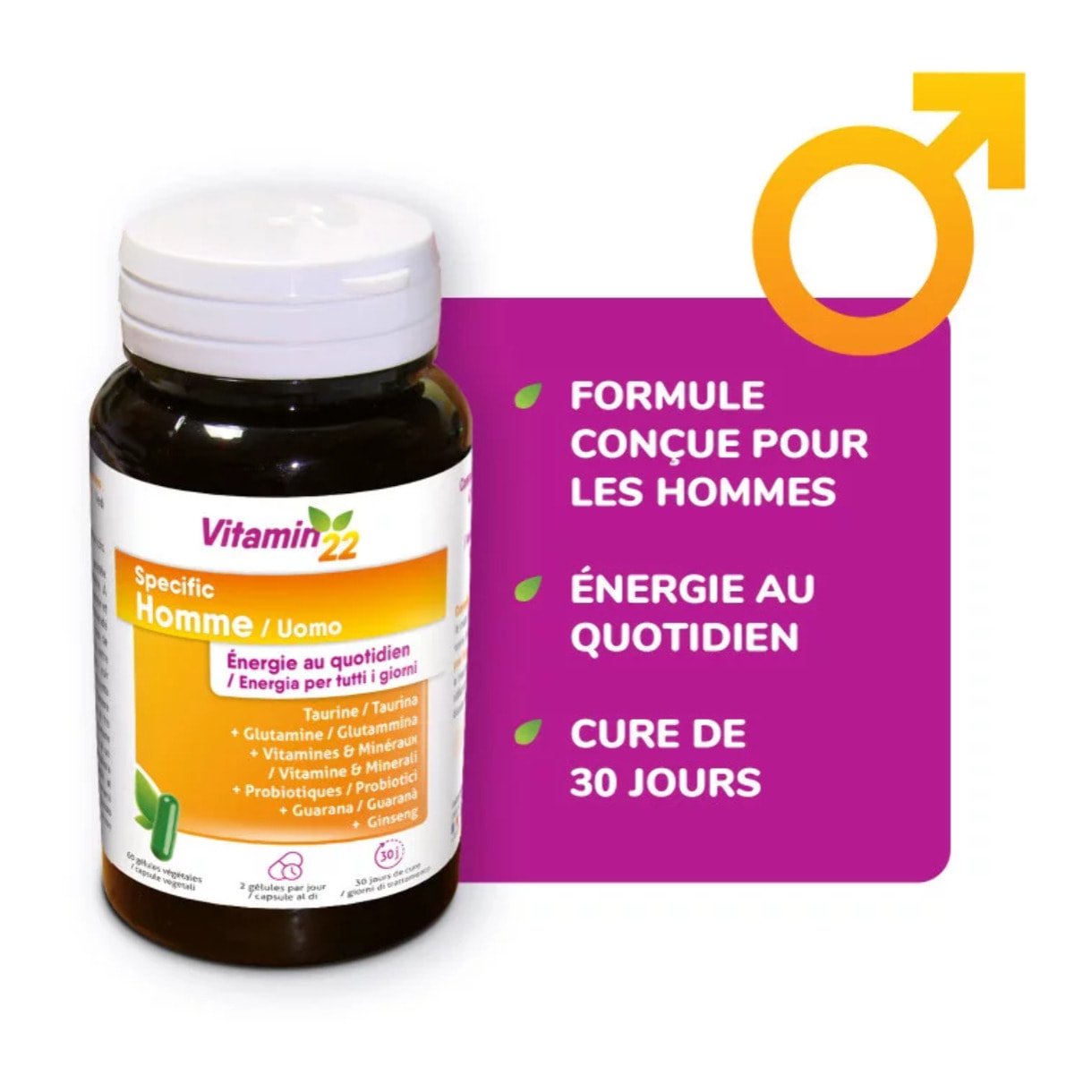 VITAMIN'22 - Specific Homme - Complément alimentaire à base de 14 vitamines et minéraux - Répondre aux besoins spécifique de l'homme - Sans gluten - Fabriqué en France - Lot de 2 produits