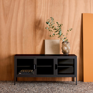 Meuble TV industriel métal et verre trempé 3 portes 120cm ARKANSAS