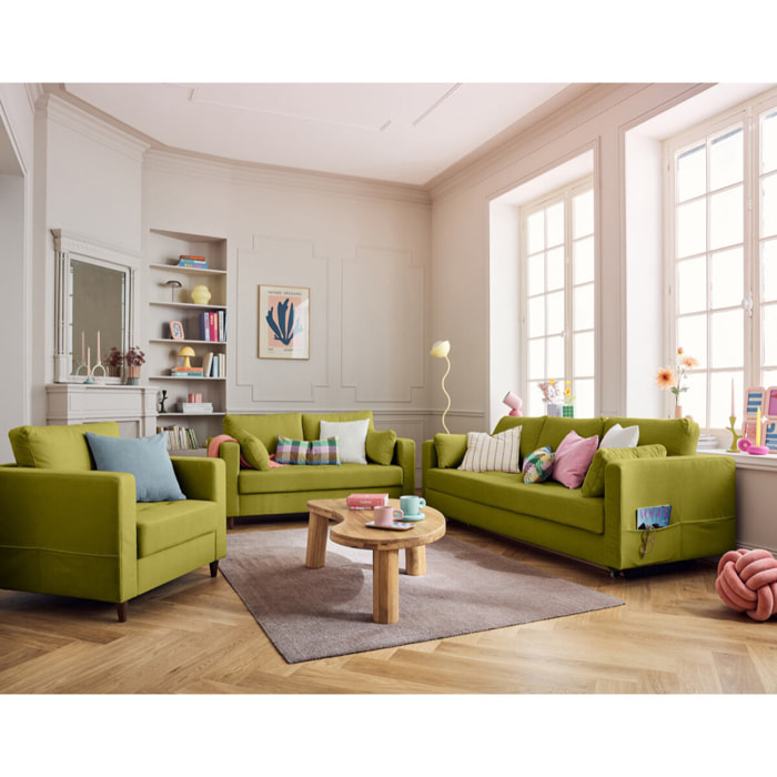 Anna - fauteuil avec poche en velours - pieds en bois - Vert Olive