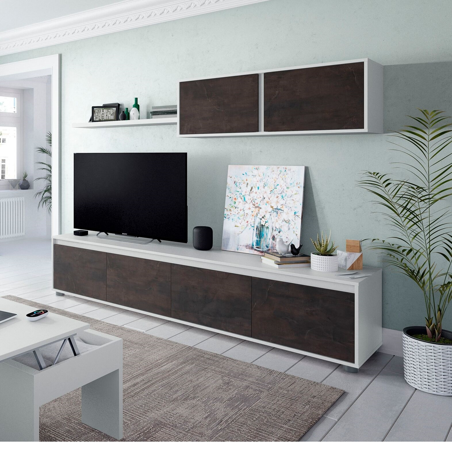 Parete Attrezzata Mobile Mobile Soggiorno TV con Mensola e Modulo Sospeso Salotto Legno Base Televisione Sala da Pranzo 200x41x43 cm Bianco E Ossido