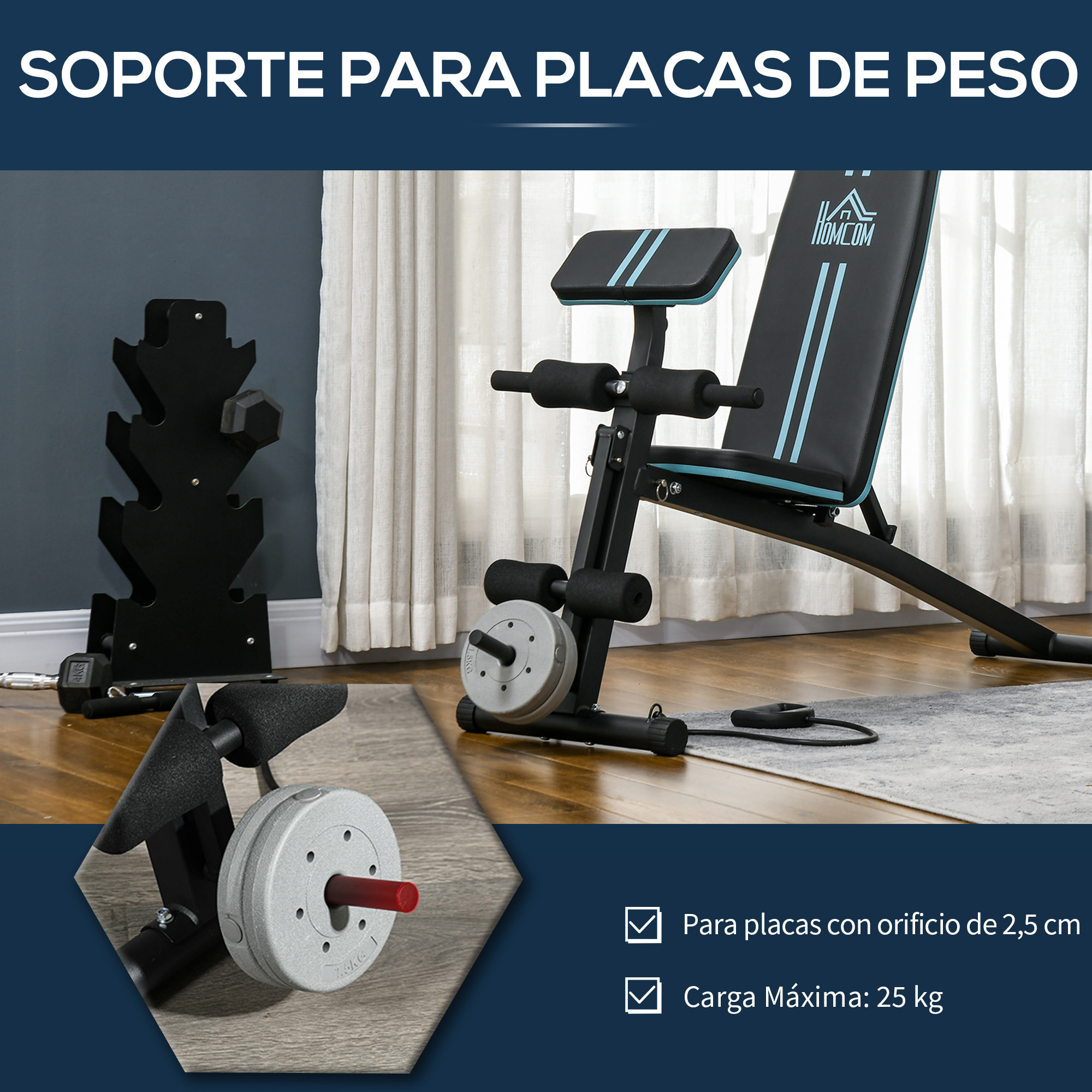 Banco de Musculación Plegable, Banco de Pesas, Respaldo Inclinable de 7 Niveles, Extensión de Pierna, Cojín de Predicador, Banda de Resistencia, para Entrenamiento Completo, Casa Gimnasio, Azul